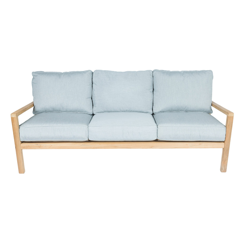 3-seater teak outdoor sofa with light blue seat and back cushions