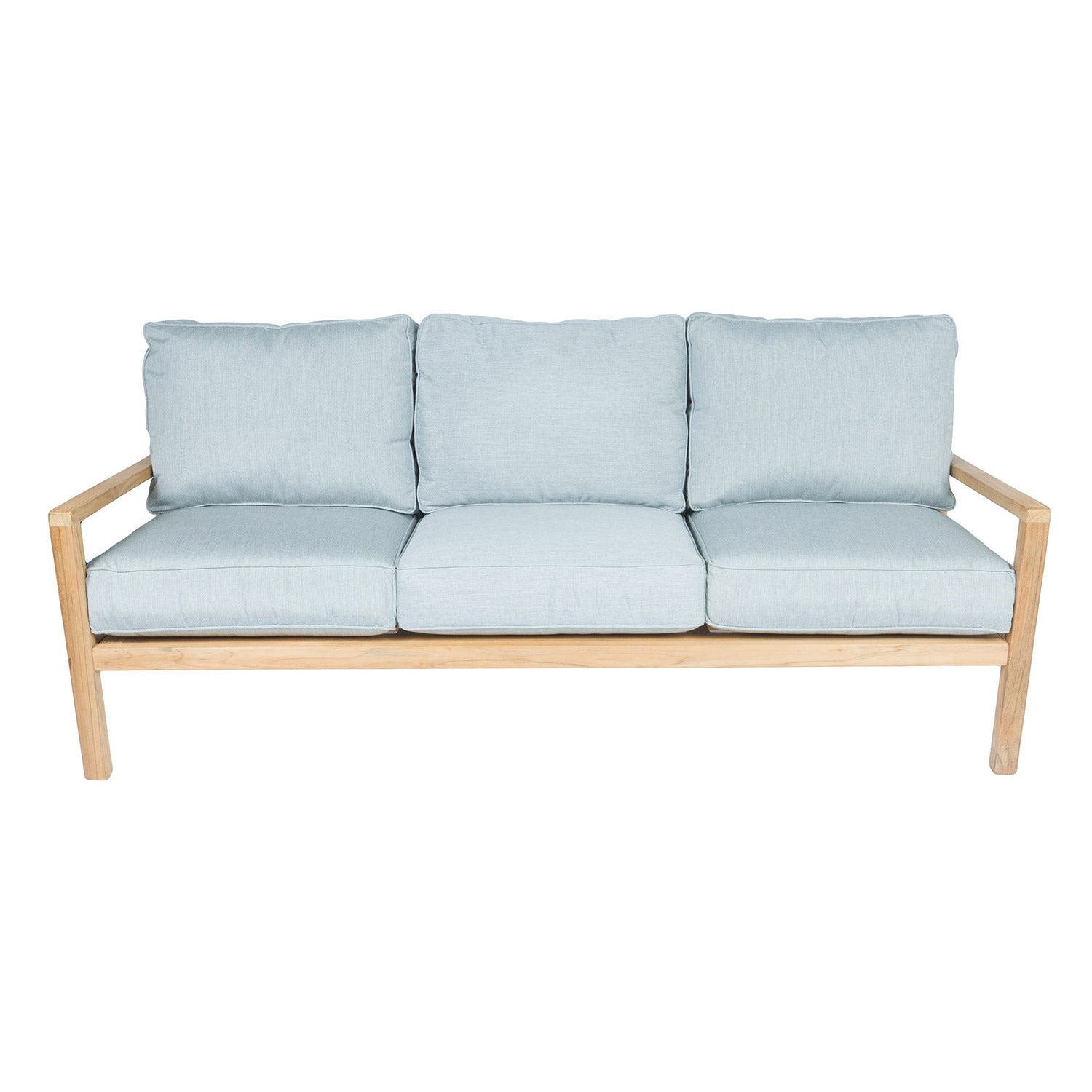 3-seater teak outdoor sofa with light blue seat and back cushions