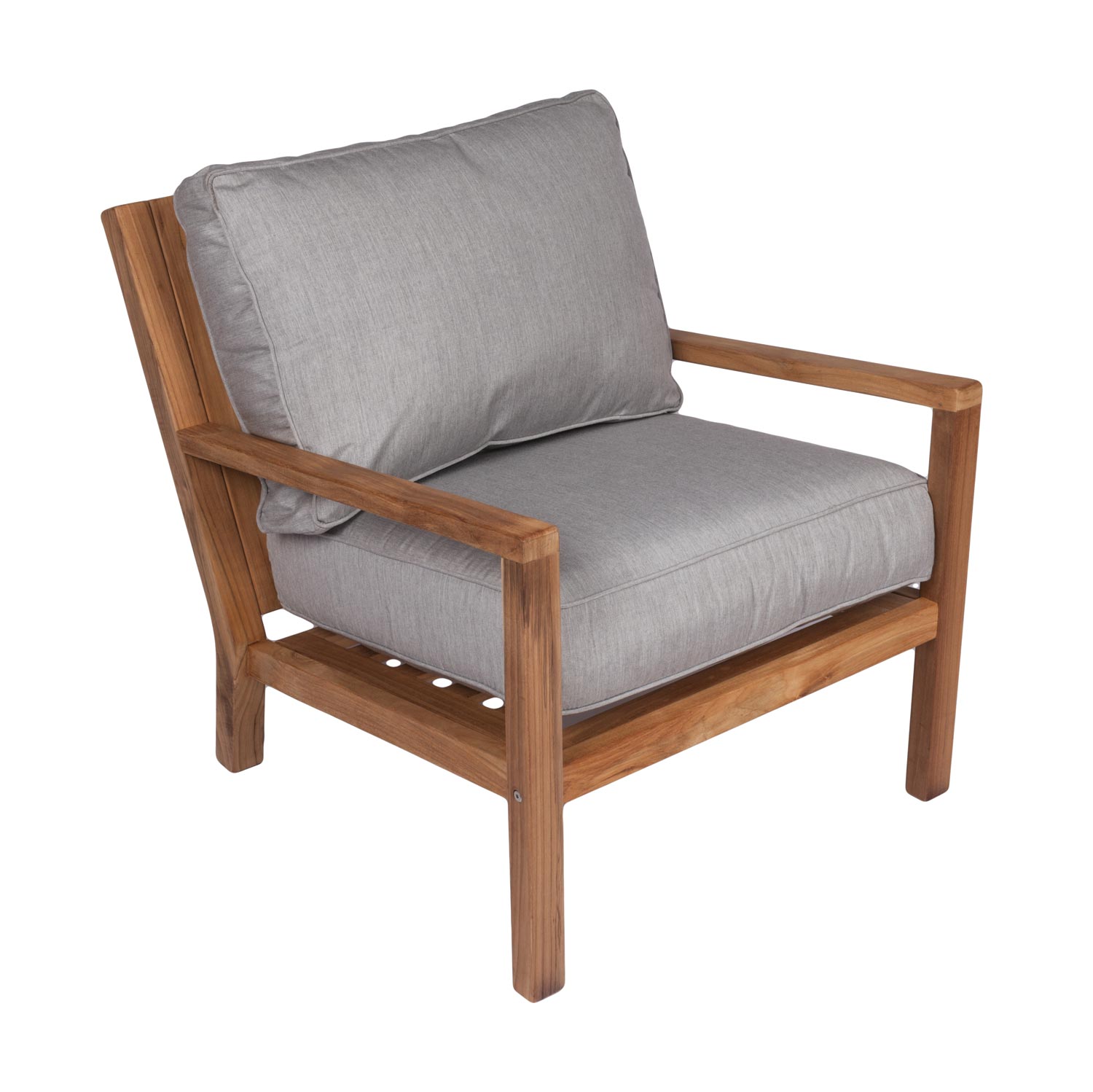 Teak patio chair with gray seat and back cushions and thick padded square armrests