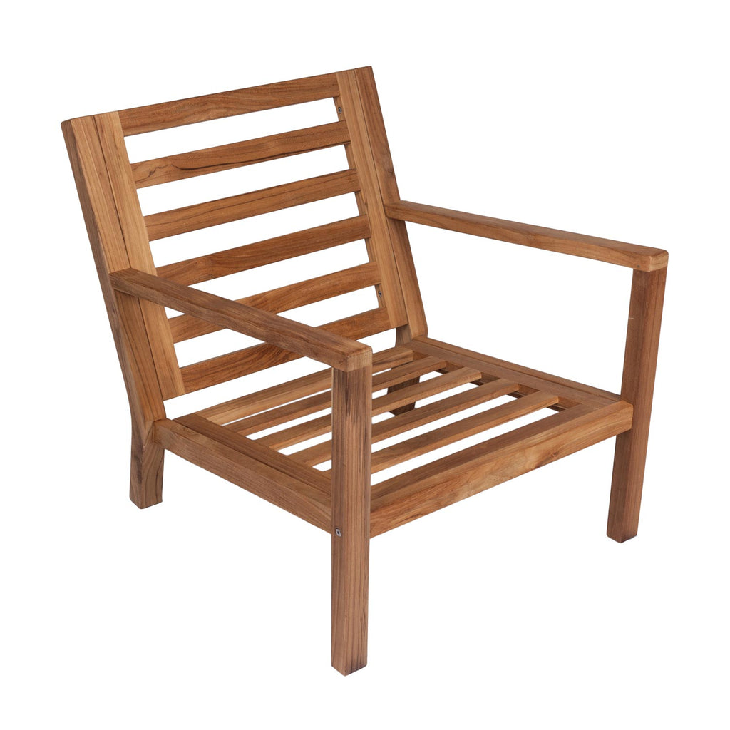 Teak outdoor deep seating chair frame with slatted back and seat, armrests