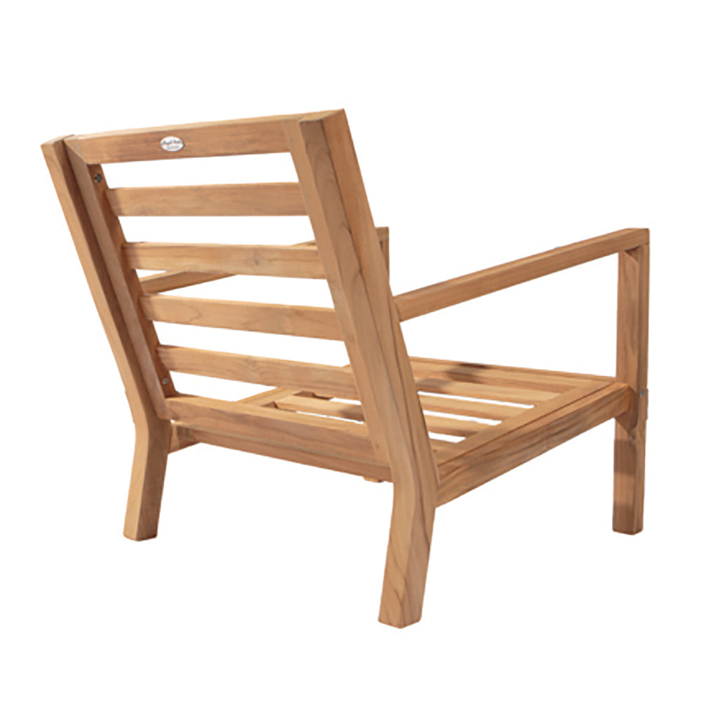 Teak outdoor chair frame in side view with slatted back, wide arms, tapered legs