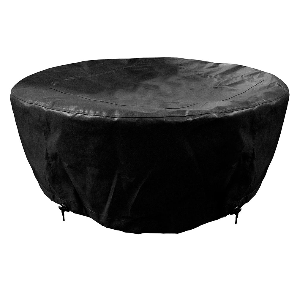 Firegear 43-inch round vinyl cover in dark black with tie-down straps