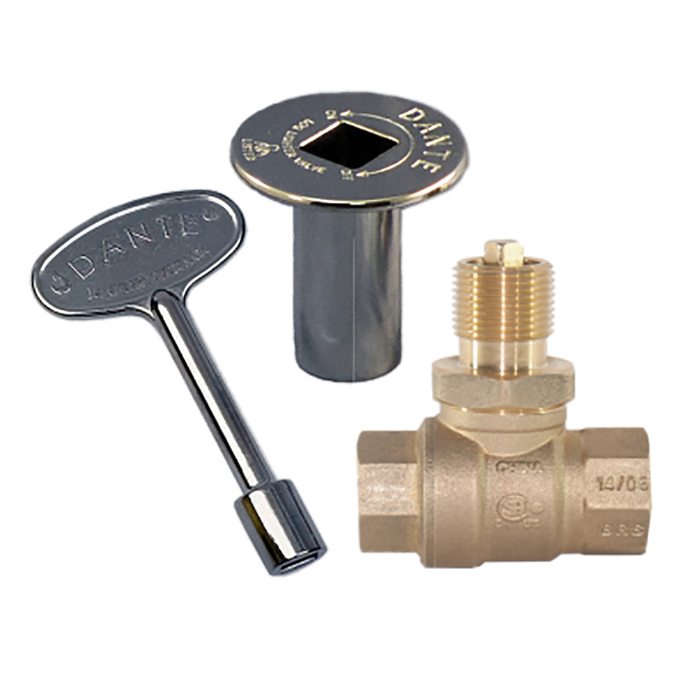 Brass straight gas ball valve kit with chrome quarter-turn handle and inlet/outlet fittings