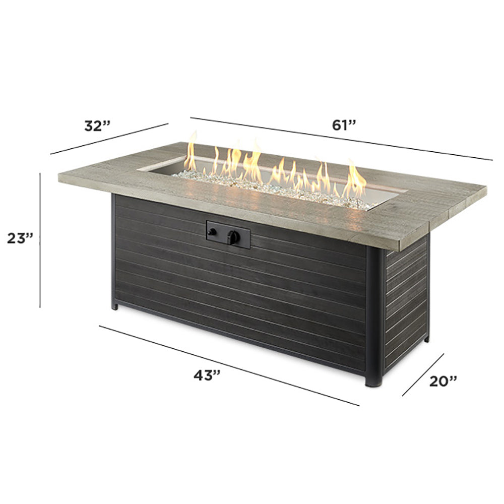 Rectangular gas fire pit table, 32x61 in top, dark cabinet, dimensions shown