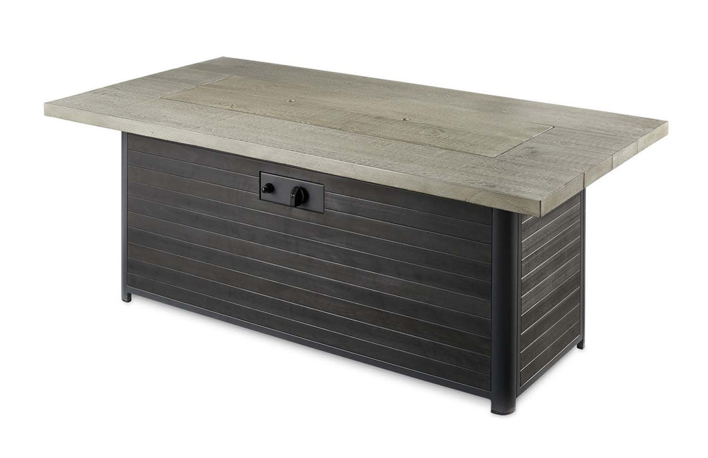 Rectangular gas fire pit table with dark cabinet and stone-look top