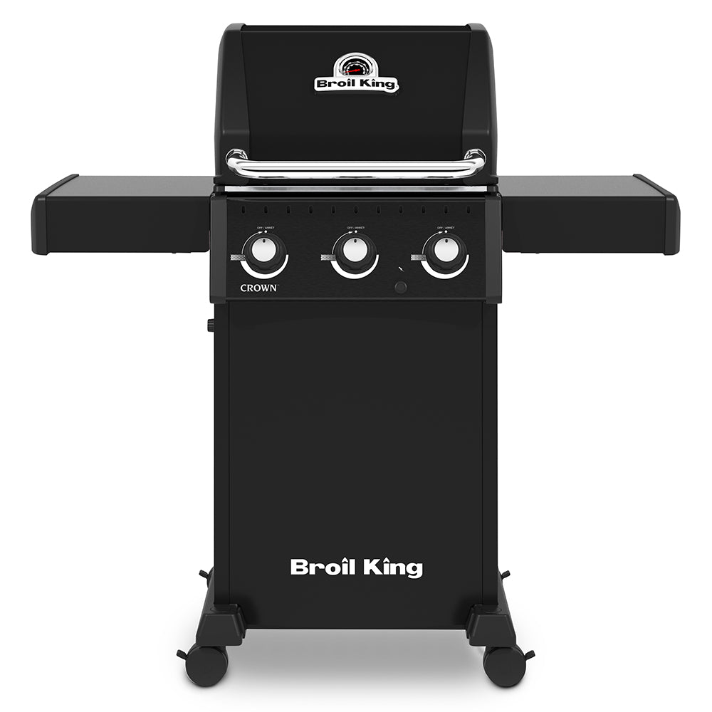 Stainless steel gas grill with three front control knobs and side shelves, black finish