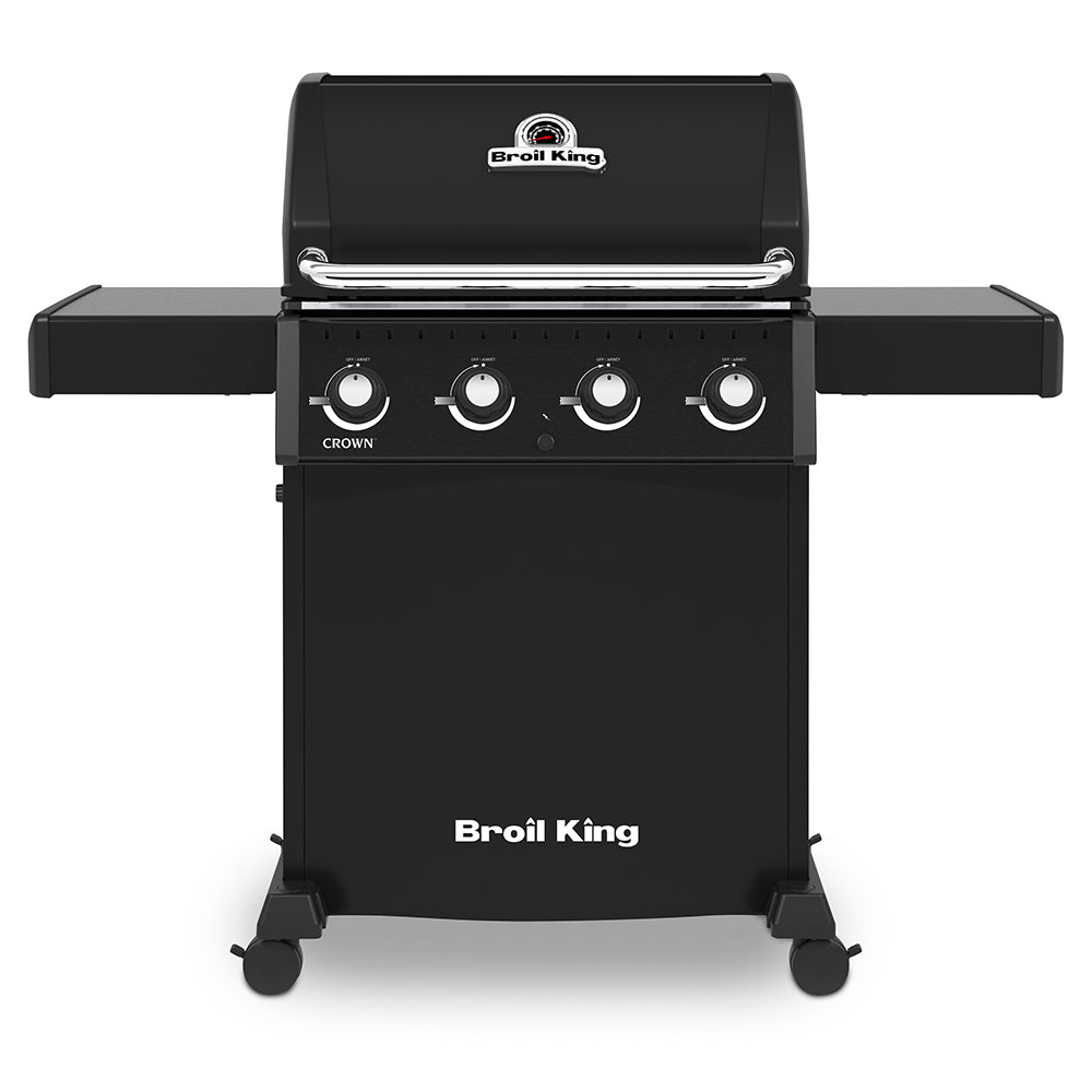 Broil King Crown 410 gas grill with four stainless control knobs and lid handle
