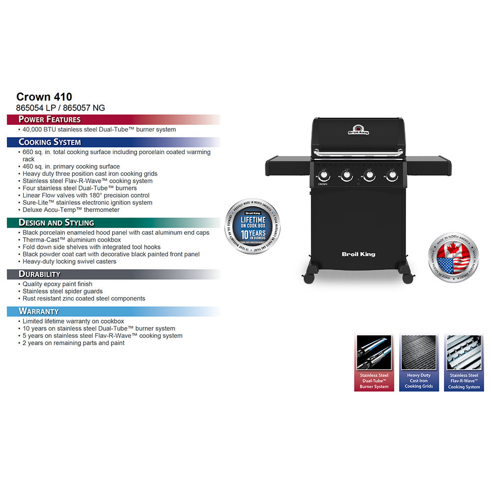 Broil King Crown 410 gas grill with control panel and four burner knobs, side shelf