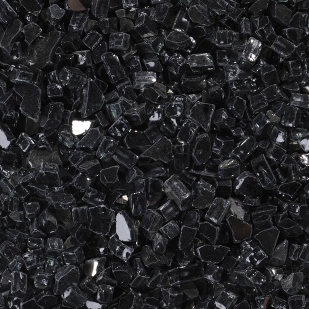 Decorative reflective black fire glass pieces, crushed shard texture