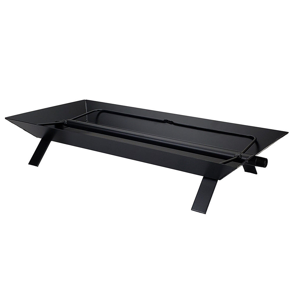 Black fireplace burner tray with raised edges and four support legs