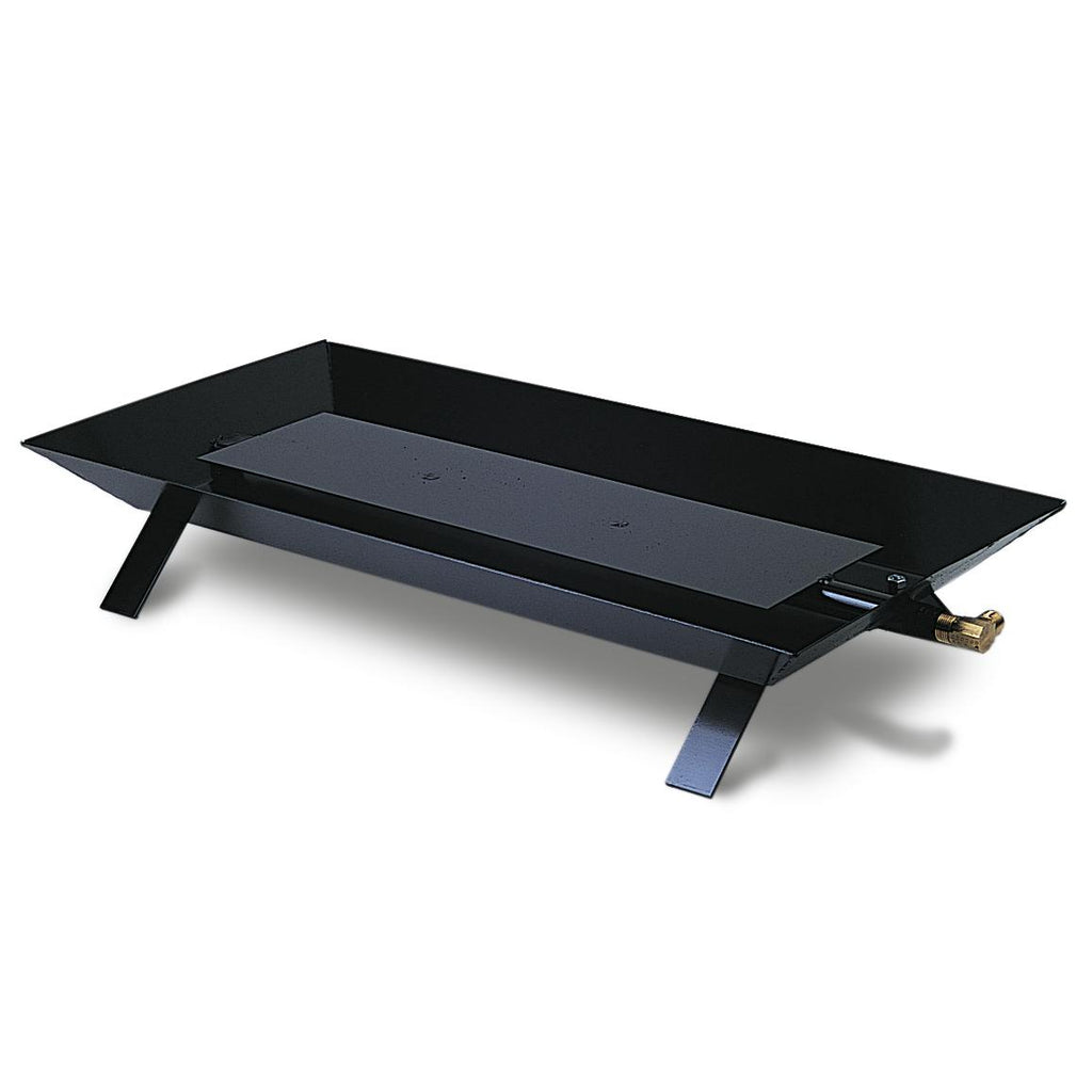 Black gas burner assembly with rectangular tray and three support legs