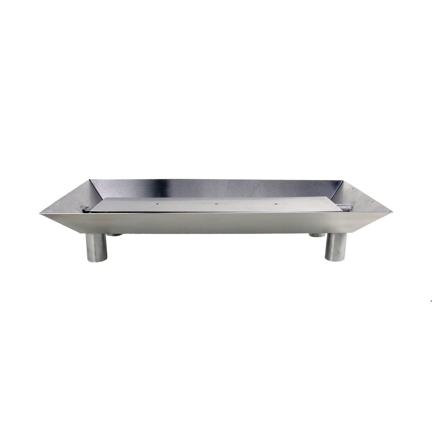 Stainless steel burner tray with legs and wide rectangular firebox opening