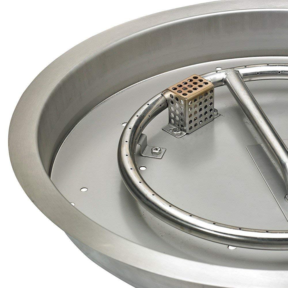 Stainless steel fire pit burner pan with raised spark burner and igniter electrode