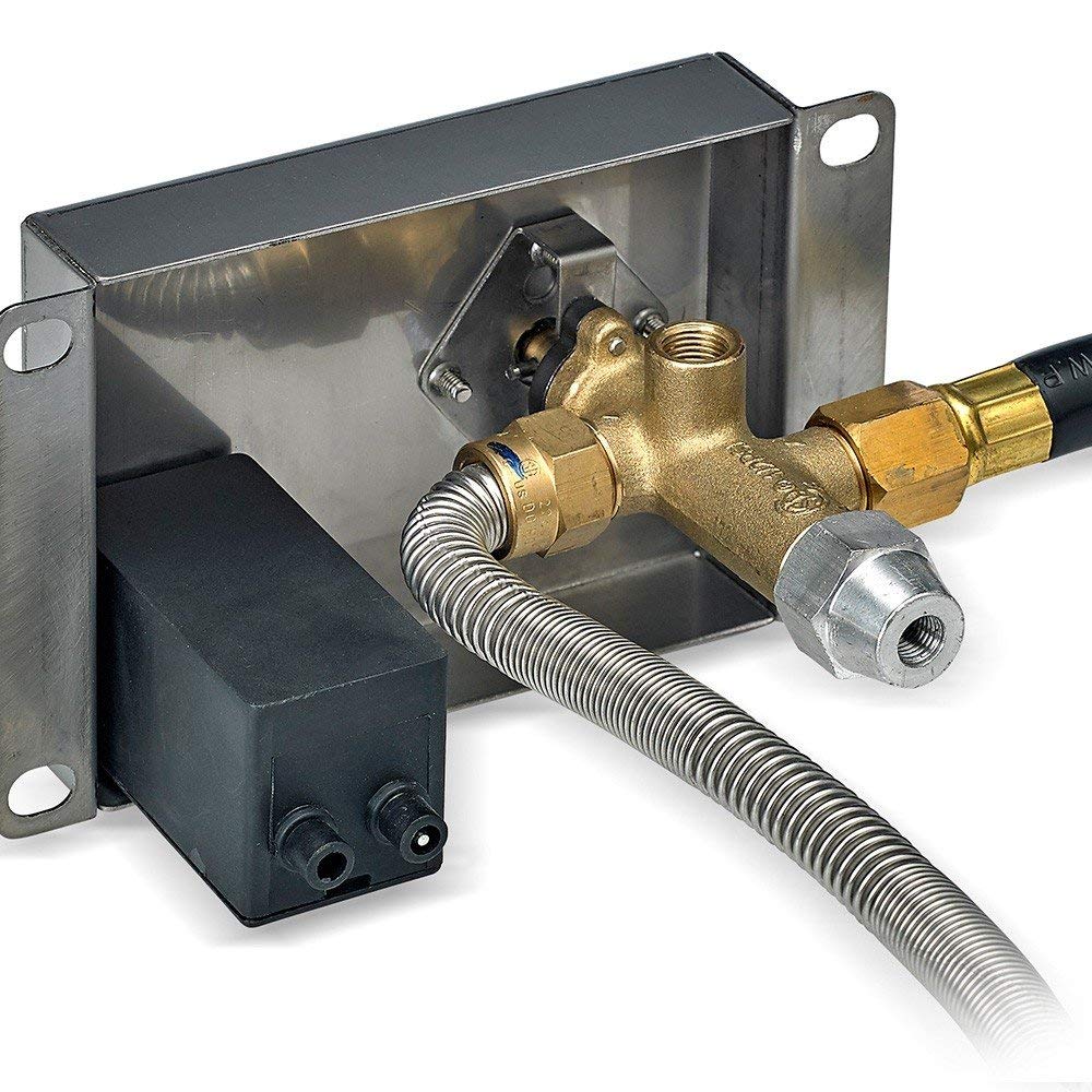 Gas valve and manifold assembly with brass fittings and flexible metal hose for fire pit burner.