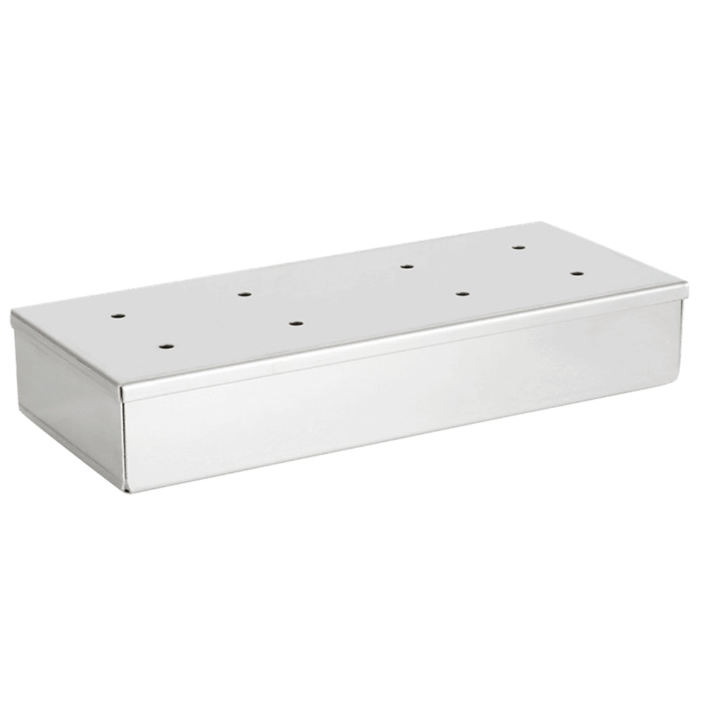 Stainless steel smoker box with perforated top for adding wood chips