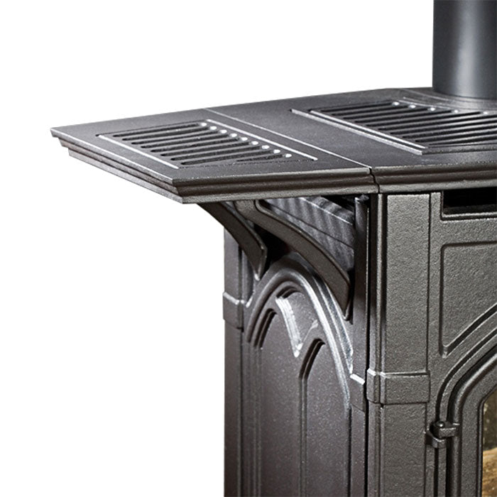 Cast iron stove shelf kit with vented top and decorative arched support, dark finish