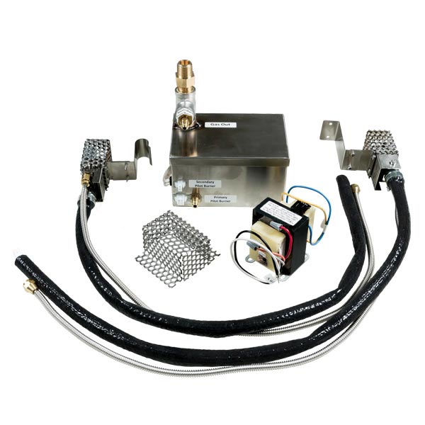 Dual-pilot gas fire pit electronic ignition system with control box, wires, and brackets