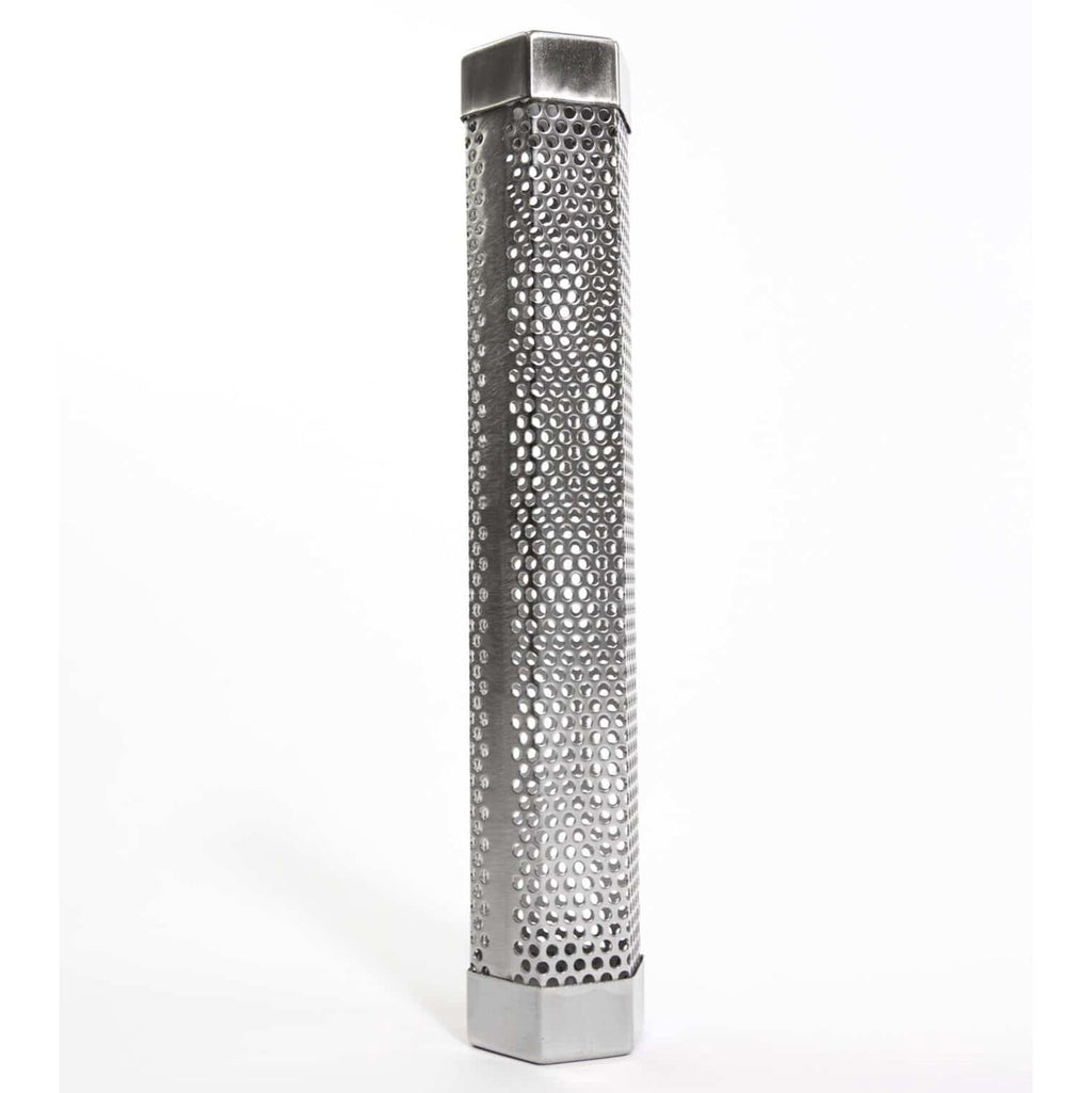 Standing stainless steel smoker tube with perforated sides and capped top