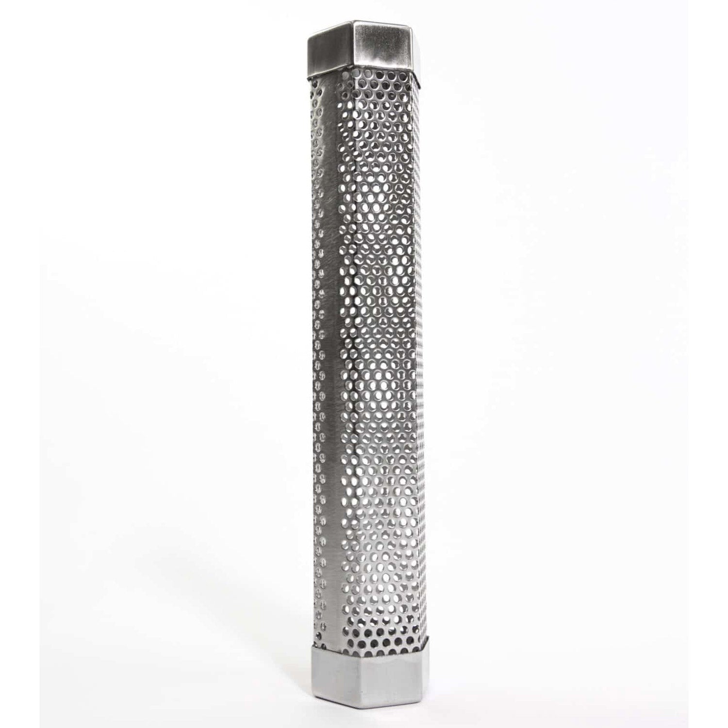 Standing stainless steel smoker tube with perforated sides and capped top