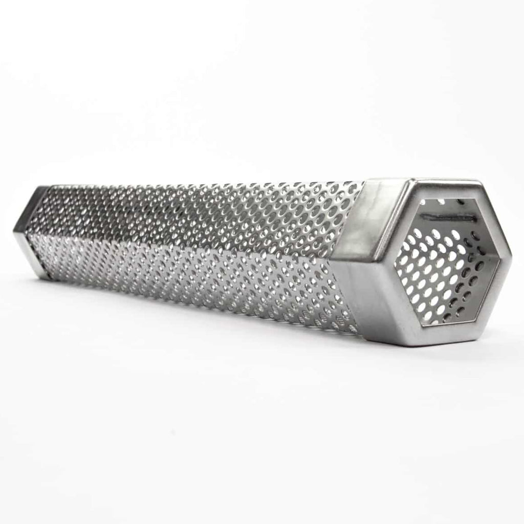 Perforated stainless steel pellet smoker tube with octagonal end cap
