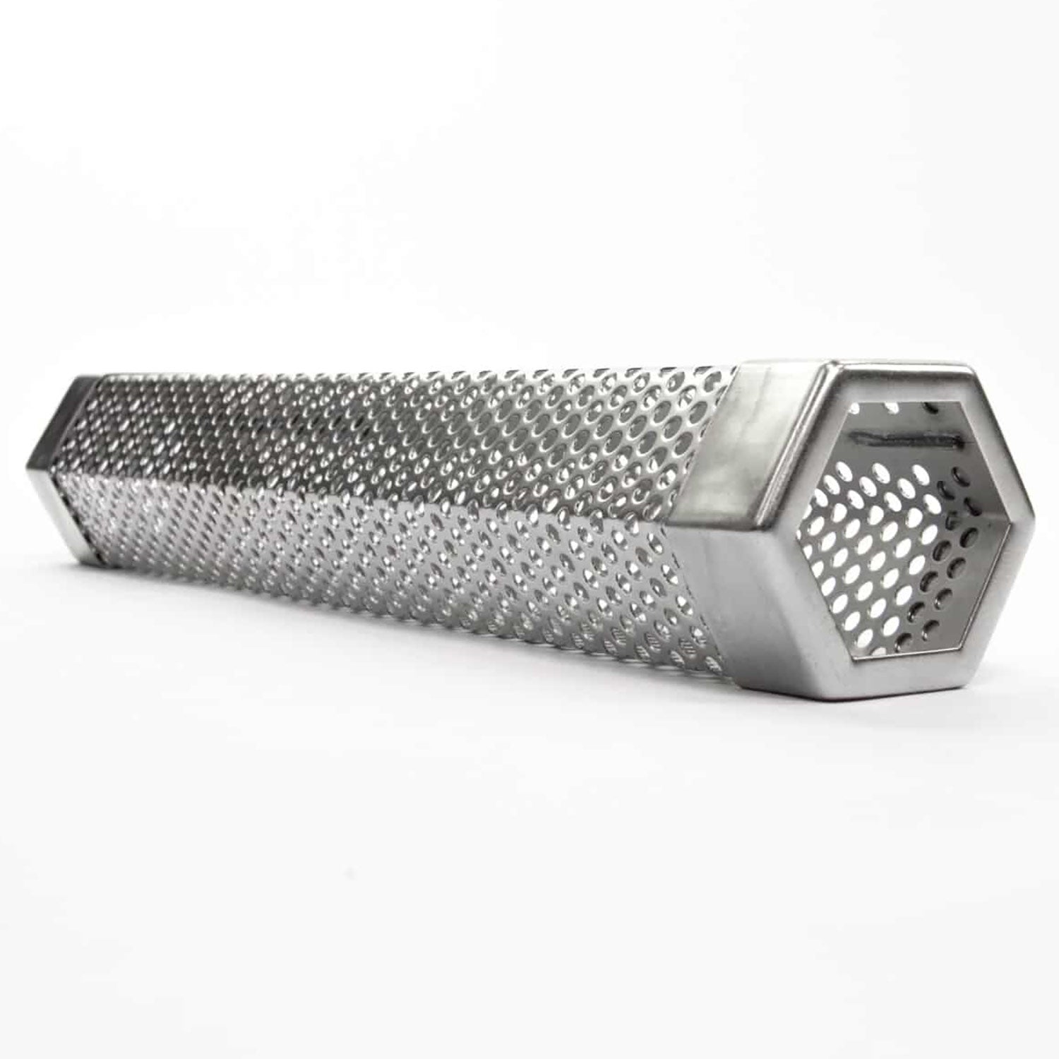 Perforated stainless steel pellet smoker tube with octagonal end cap