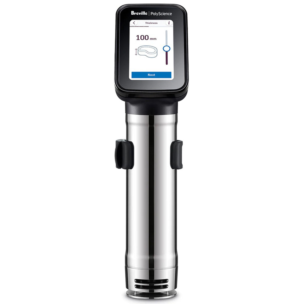 Sous vide immersion circulator with digital screen, stainless-steel body, black side controls