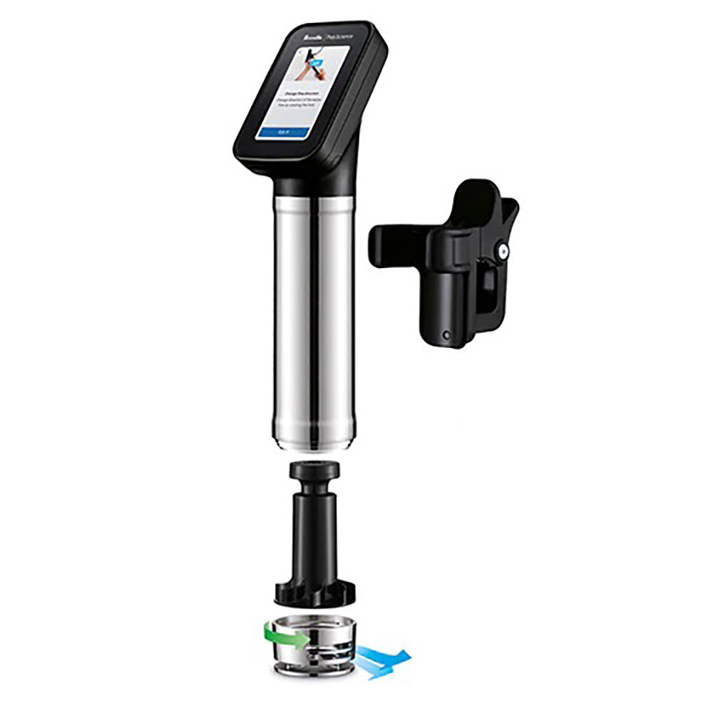 Sous vide immersion circulator with clip mount and accessory base, stainless-steel cylinder