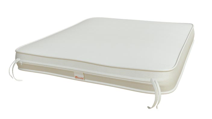 White outdoor one-seater chair cushion with carrying ties along the edge