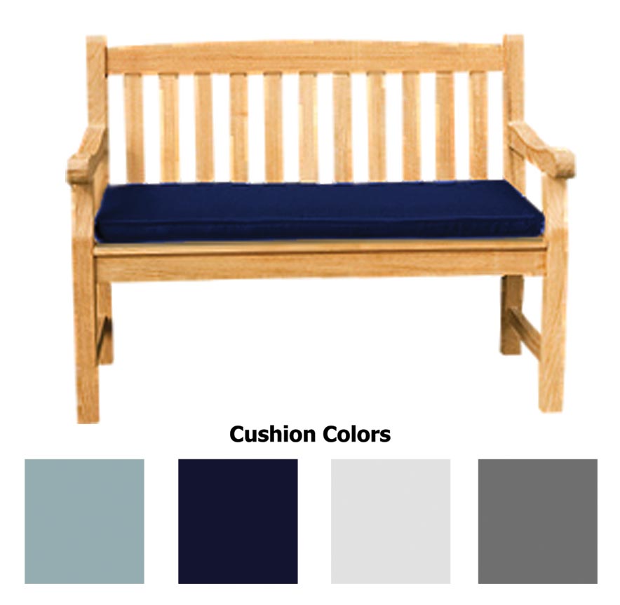 Navy cushion on wooden two-seater bench with corner ties