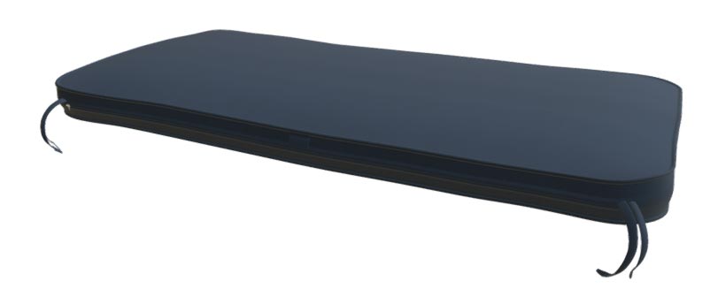 Dark blue bench cushion with rounded corners and corner ties