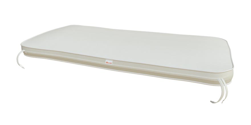 White bench cushion with rounded ends and corner ties, two-seater size