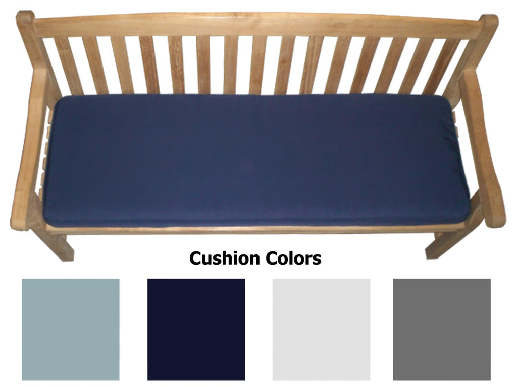 Three-seater bench cushion in navy on wooden bench, with corner ties