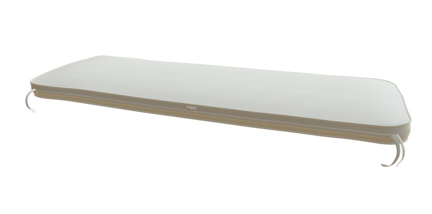Three-seater bench cushion, light gray fabric with brown trim and corner ties