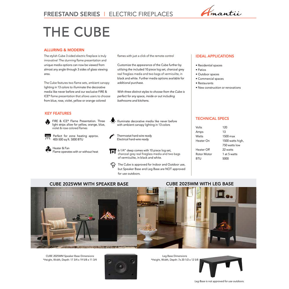 Amantii The Cube electric fireplace brochure page with speaker base and leg base layouts.