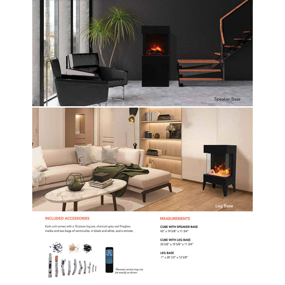 Black cube electric fireplace shown in speaker base and leg base configurations, with flames.