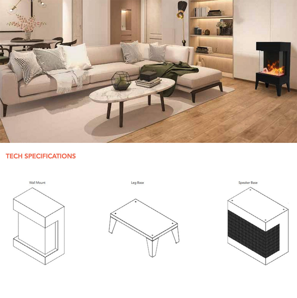 Black cube electric fireplace on legs with flames visible, next to a seating area.