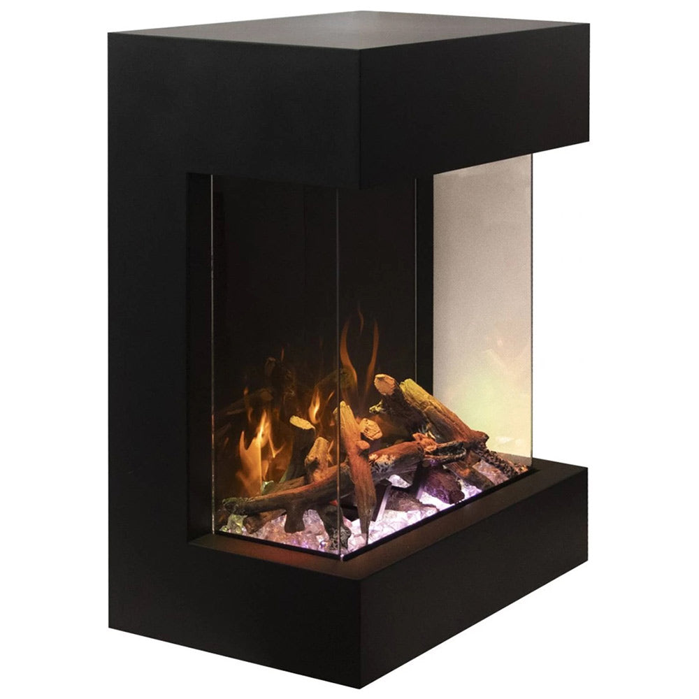 3-sided electric fireplace cube in black with flame viewing window and logs
