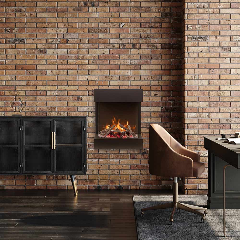 Black 3-sided electric fireplace with open flame bed and glass viewing panel