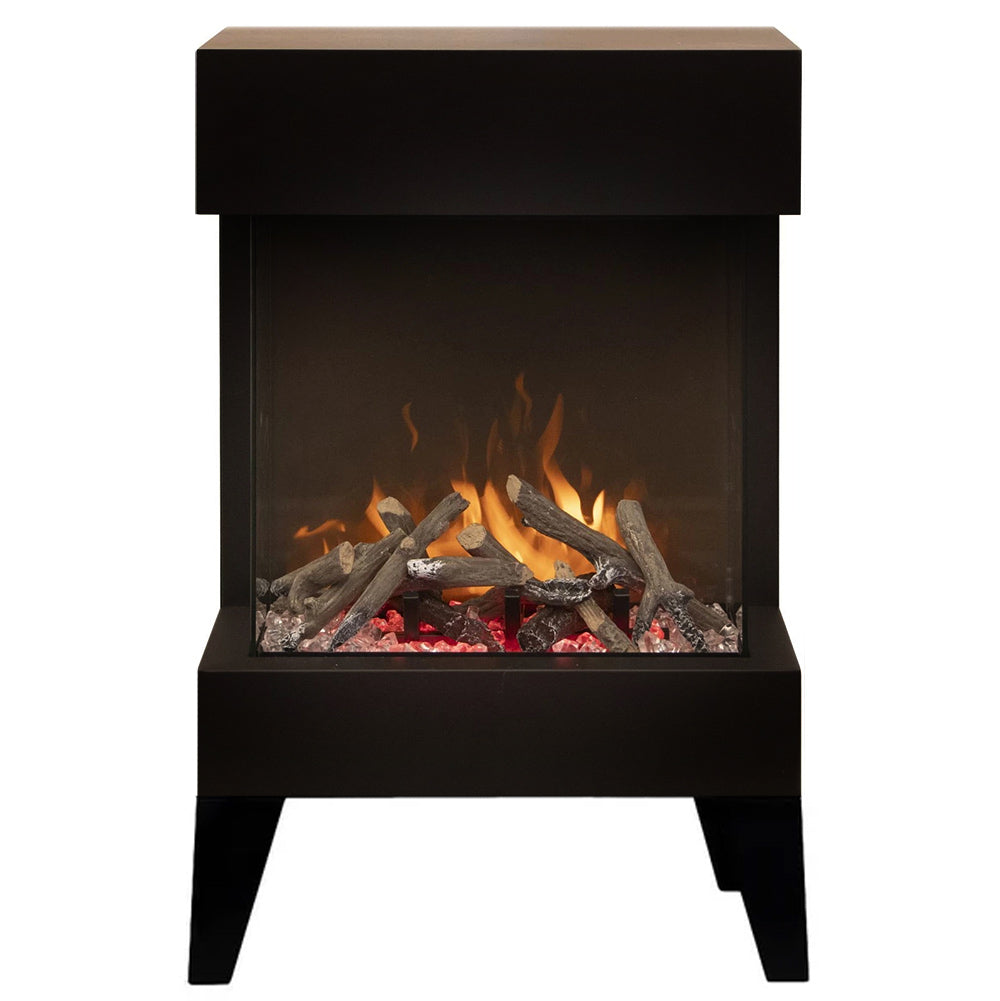 Black cube electric fireplace on legs with 3-sided flame display and log bed