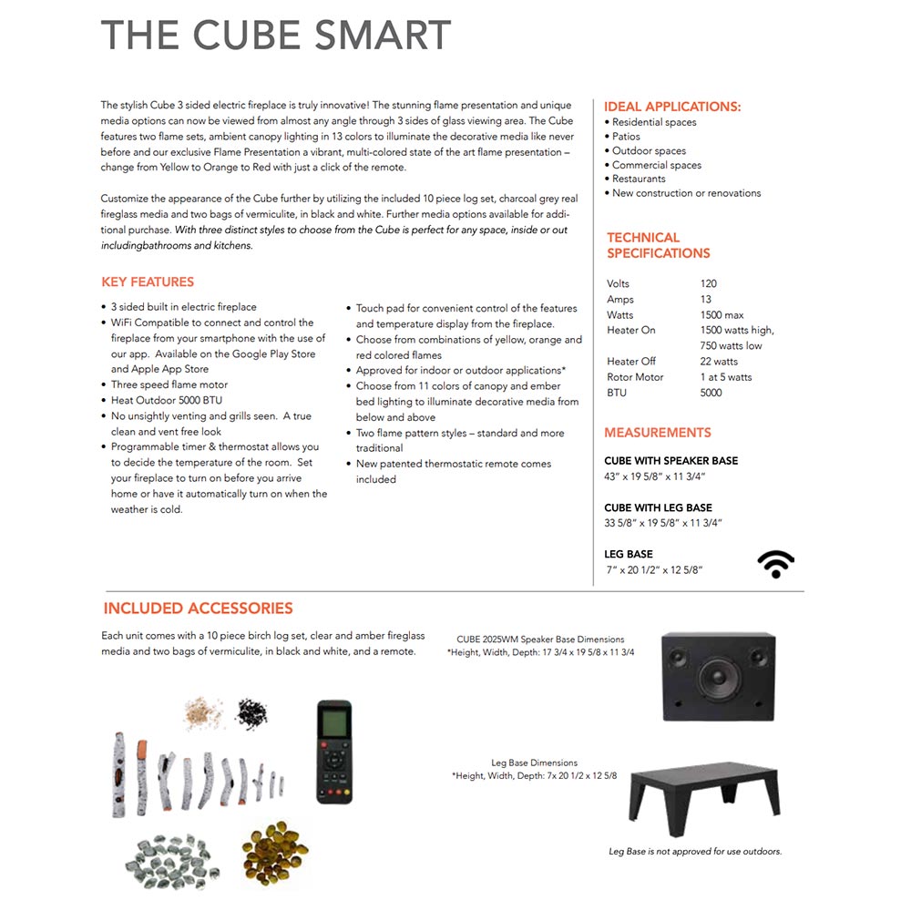 Cube electric fireplace product specification sheet with accessories shown