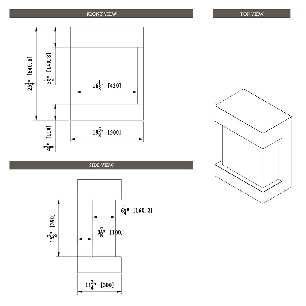 Electric fireplace cube dimension diagram with front, top, and side measurements