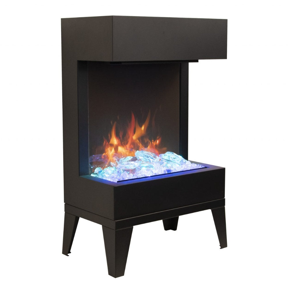 Black electric fireplace with blue-lit ice bed and orange flames, front view