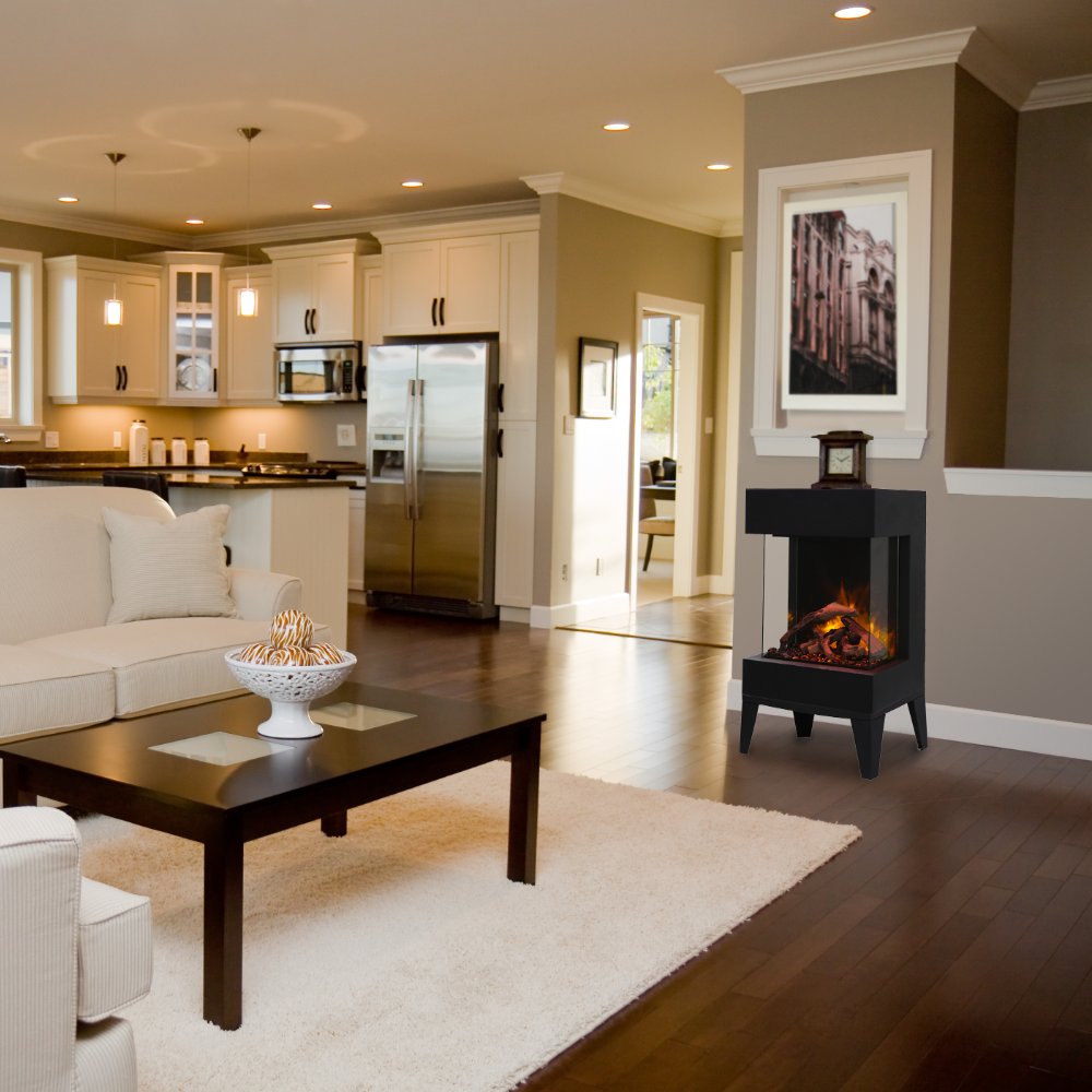 Black electric fireplace in living room, framed opening with glowing flames