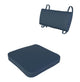 Navy outdoor seat cushion with matching rectangular backrest cushion, tied corners