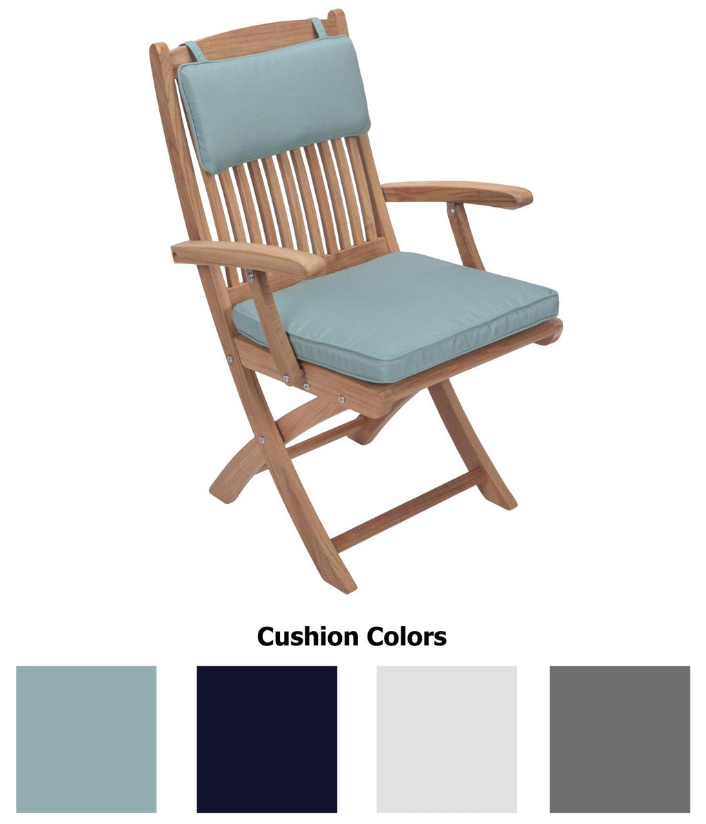 Light blue seat cushion with matching backrest cushion on wooden folding chair
