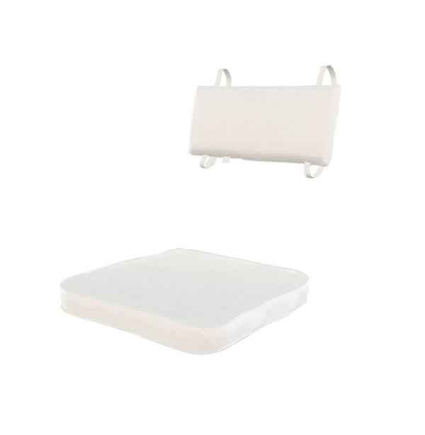 White outdoor seat cushion with matching rectangular backrest cushion, tied corners