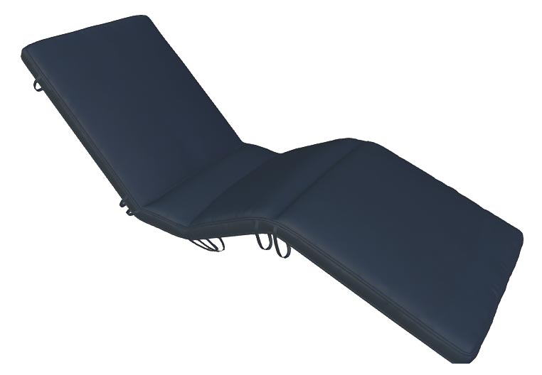 Sun bed lounge cushion in navy with padded backrest, long seat pad, and tie loops