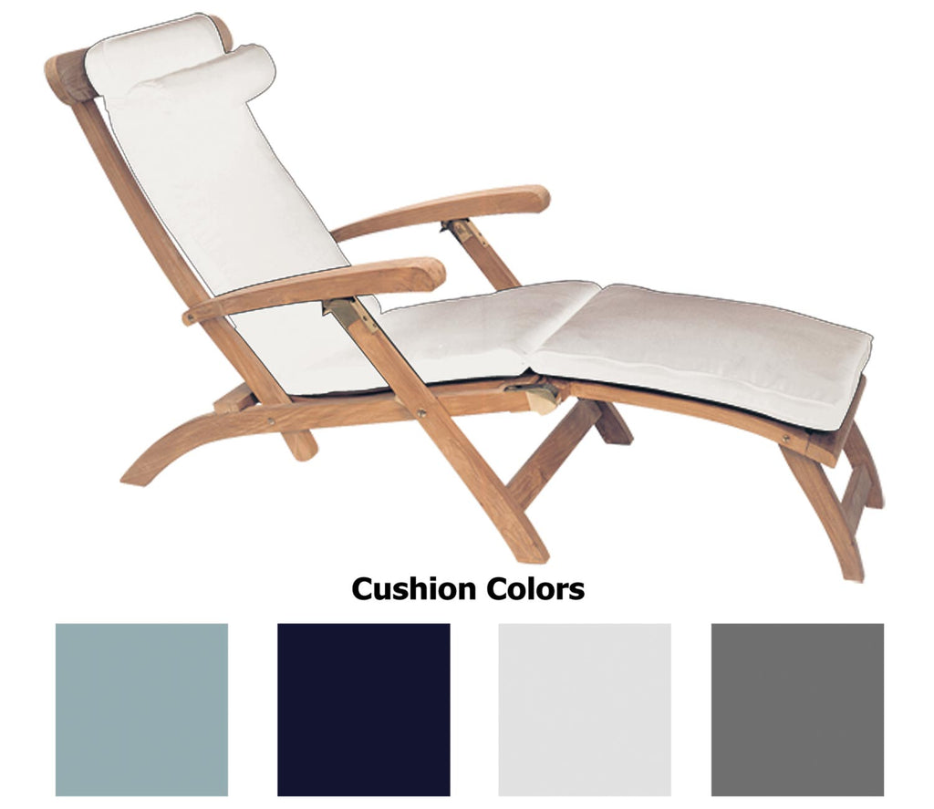 Steamer lounge chair cushions, white covers with side ties on wooden frames