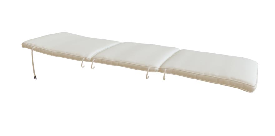 Steamer lounge cushion, light white fabric with stitched seams and hanging ties