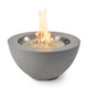 Grey bowl gas fire pit with tall flame over glass fire media